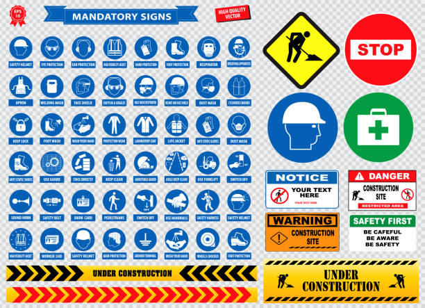 mandatory signs, construction health, safety sign used in industrial applications (safety helmet, gloves, ear protection, eye protection, foot protection, hairnet, respirator, mask, antistatic, apron)